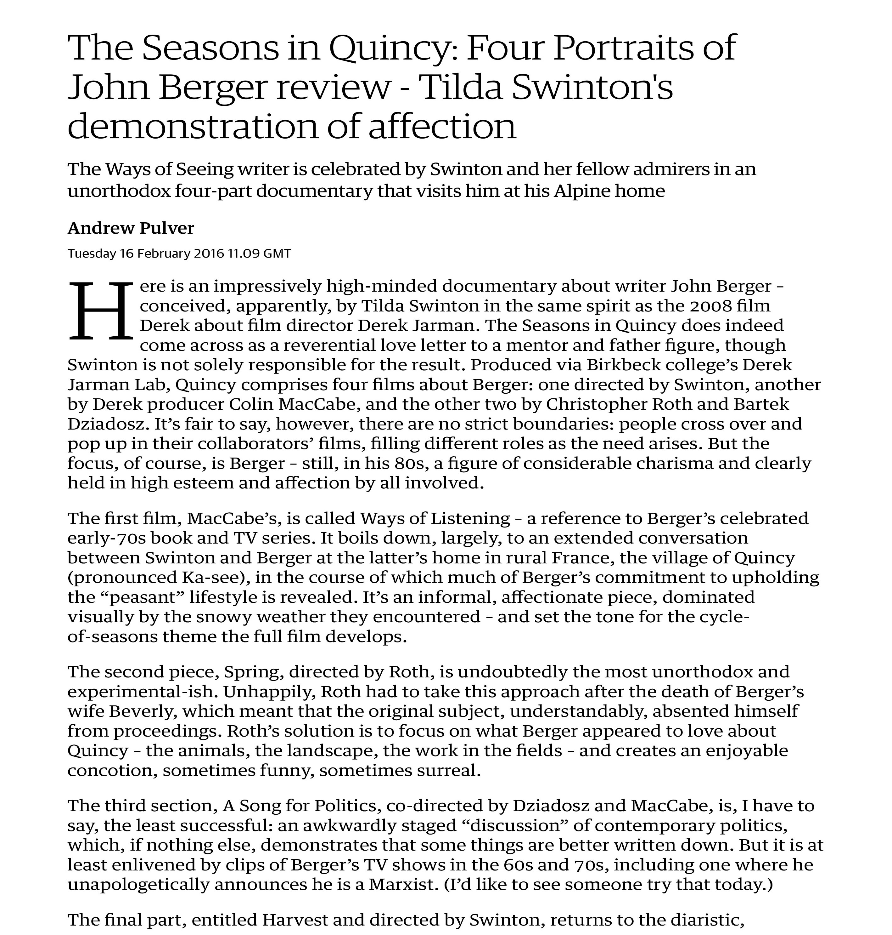 The Seasons in Quincy: Four Portraits of John Berger review - Ti